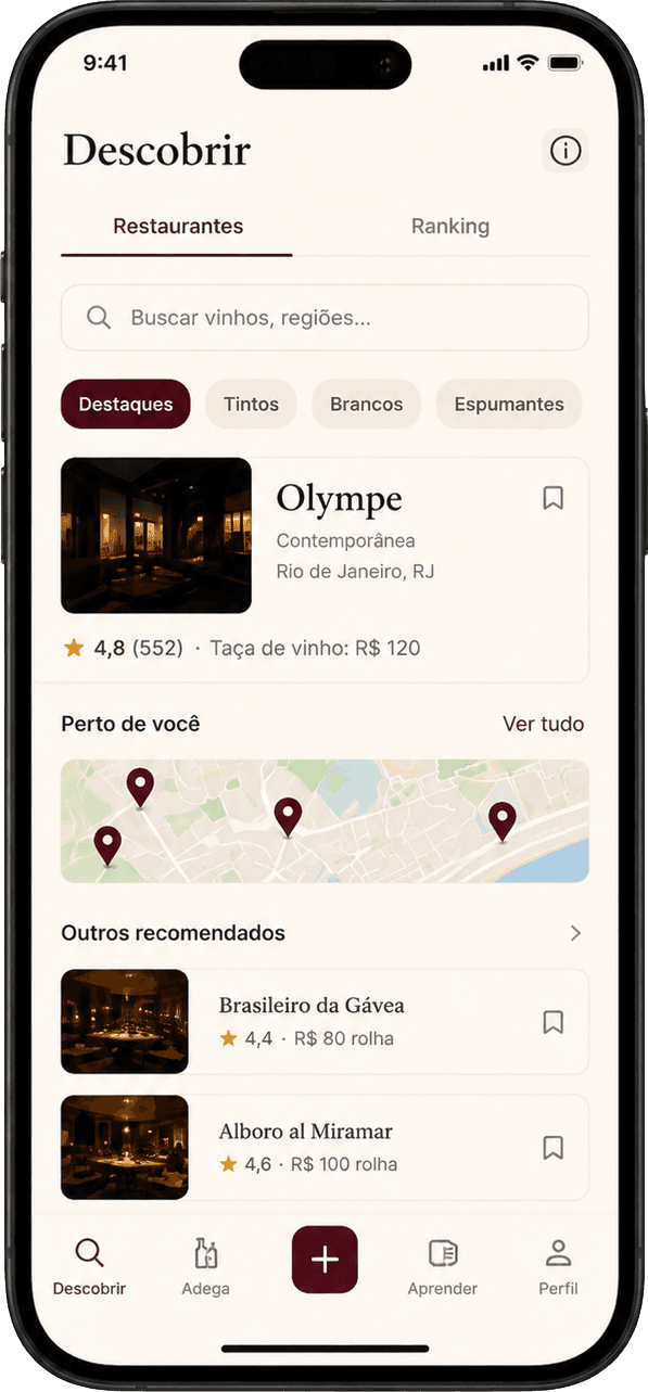 Tela Descobrir do app Sommê, com restaurantes avaliados e mapa
